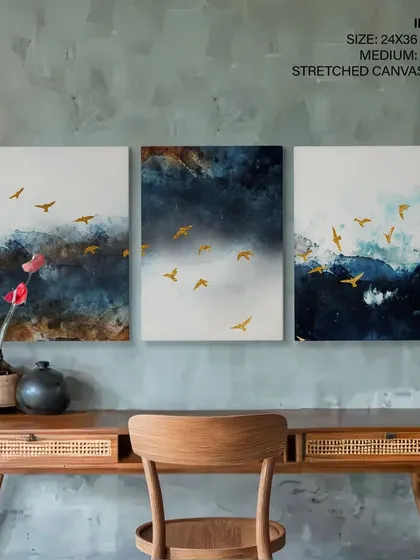Elevate your study or office with this abstract triptych of golden birds against a watercolor sky. This set of three stretched canvas prints adds a touch of elegance and movement, creating a sophisticated and inspiring focal point above a desk.