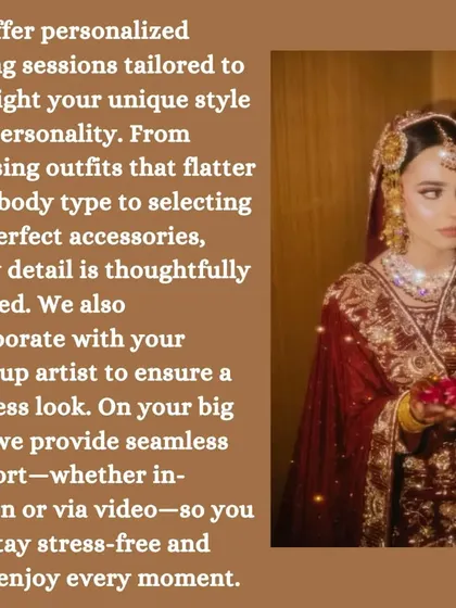 My service is tailored to you. I offer personalized styling sessions to highlight your unique style, from choosing flattering outfits to selecting the perfect accessories and collaborating with your makeup artist for a flawless look.