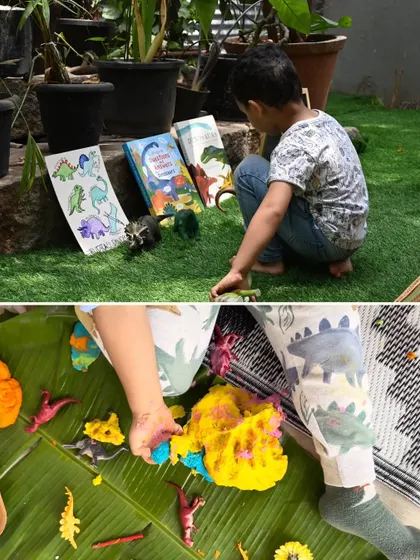 A child engrossed in dinosaur-themed play. From reading books about dinosaurs to engaging in sensory activities with dino toys, we create a multi-faceted learning experience.