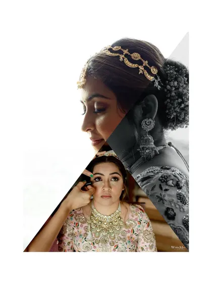 An artistic, geometric collage of bridal beauty shots, highlighting the bride's elegant profile and the makeup process.