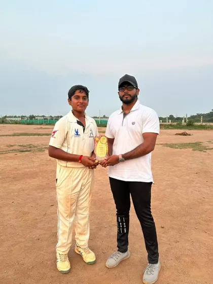 A player receiving his award after a series of intense matches in the Eventistic Ventures Dusshera Cup U-19.