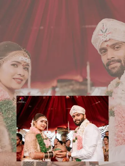 A classic portrait of the bride and groom during their wedding ceremony. This shot captures their formal look as they participate in the sacred rituals.