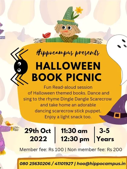 A Halloween Book Picnic is a gentler way to celebrate. We read fun, spooky-themed books, sing songs like "Dingle Dangle Scarecrow," and make cute stick puppets.