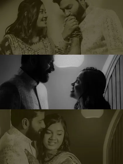 A collage of intimate black and white moments from a wedding reception, capturing the couple's connection and quiet conversations.