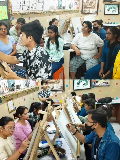 Students practicing their portrait skills during a pencil shading workshop. We provide easels and a studio-like environment for an authentic learning experience.