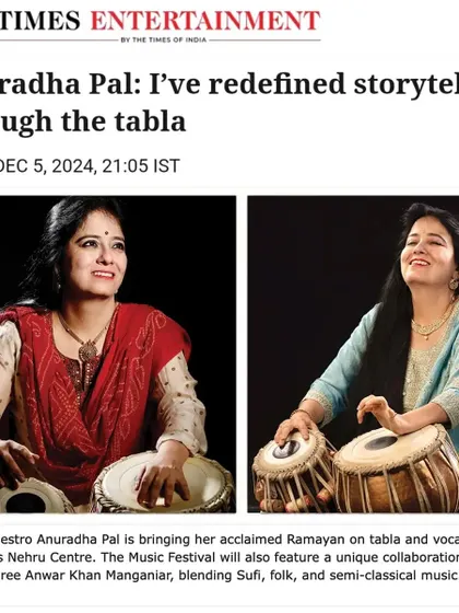 An article from Times Entertainment where I discuss my work in redefining storytelling through the tabla. It highlights my journey in creating narrative performances like 'Ramayan on Tabla' and blending them with various musical forms.