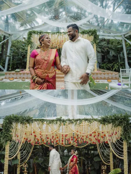 A collage showing a couple during their South Indian wedding. The transparent tent allows the natural beauty of the venue to be part of the decor, even during the ceremony.