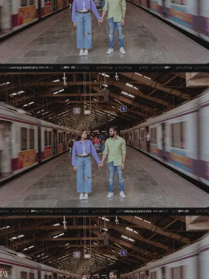 Finding a quiet moment between two rushing local trains. This shot captures the unique romance of Mumbai's lifeline, a perfect pre-wedding photo for a true Mumbaikar couple.