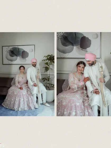 An indoor portrait of the Sikh couple, capturing a quiet moment of togetherness.