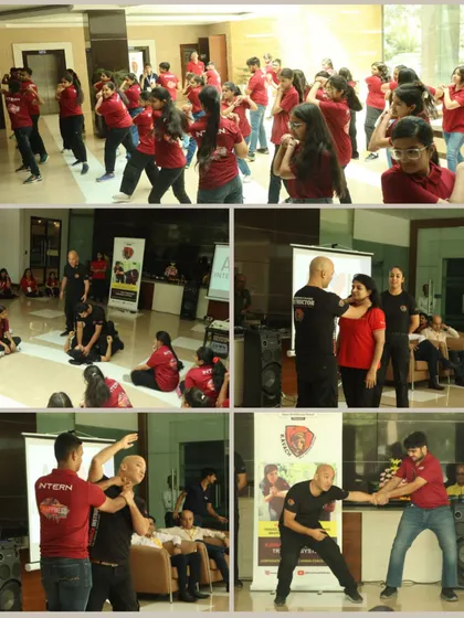 A collage showcasing different elements of our corporate training: group practice, one-on-one demonstrations, and scenario-based drills.