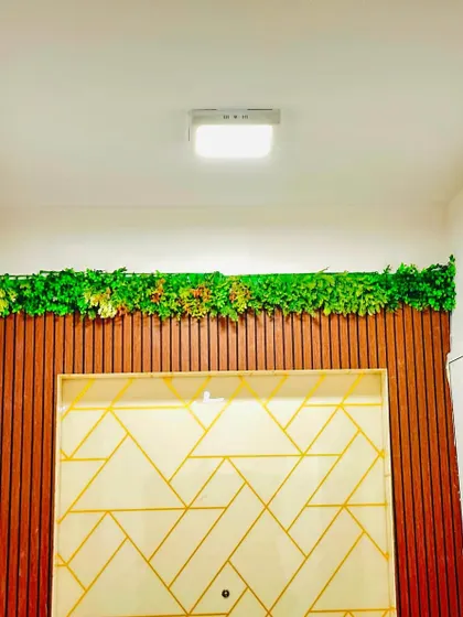 A green wall doesn't have to cover the entire wall. Here, we installed a horizontal strip of greenery above a decorative panel, acting as a unique, maintenance-free cornice.