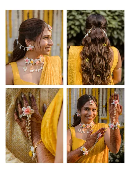 A collage highlighting the bride's beautiful Haldi details. From her floral jewelry to her wavy hair, every element is perfectly captured.