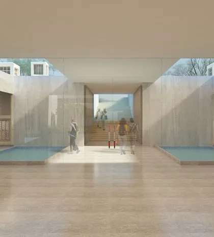 This rendering shows how light and water are used to define spaces within the interpretation centre. The design aims for a modesty of scale that complements, rather than competes with, the grandeur of the nearby monuments.