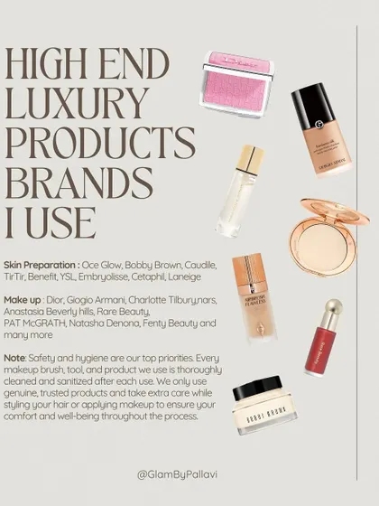 I believe in using only the best for my clients. This is a snapshot of the high-end, luxury brands I trust for skin preparation and makeup, including Dior, Charlotte Tilbury, and NARS, ensuring a premium and hygienic experience.