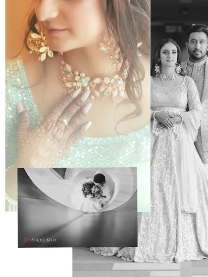 An artistic collage of the couple, mixing black-and-white, close-ups, and high-angle shots.