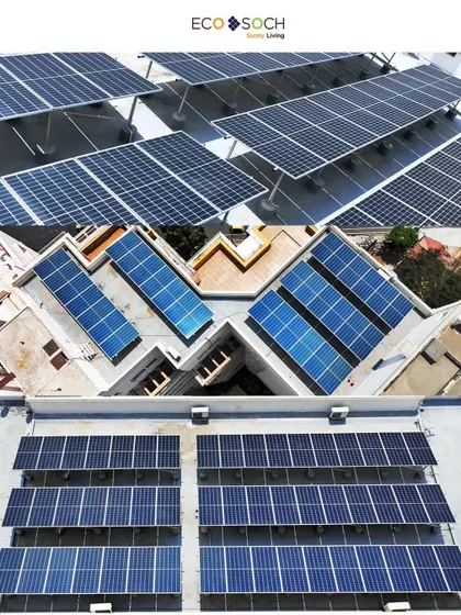 Close-up and wide shots of various solar panel arrays, including ground-mounted and rooftop systems, highlighting our versatility in the renewable energy sector.