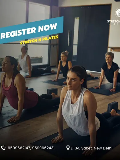 A clear call to action to register for our Mat Pilates classes, showing a group in a classic yoga pose that is also used in Pilates.