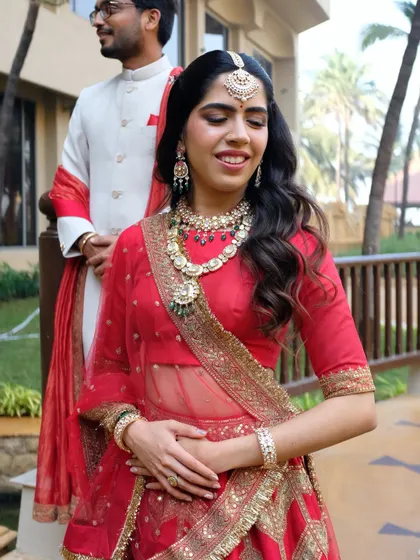 A lovely candid shot of the bride during her Myra ceremony. The soft, natural makeup look complements her red outfit without overpowering it.