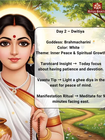 On Day 2 of Navratri, we honor Goddess Brahmacharini for inner peace. To align with this energy, light a ghee diya in the east for peace of mind and meditate for 9 minutes facing east to encourage spiritual growth.