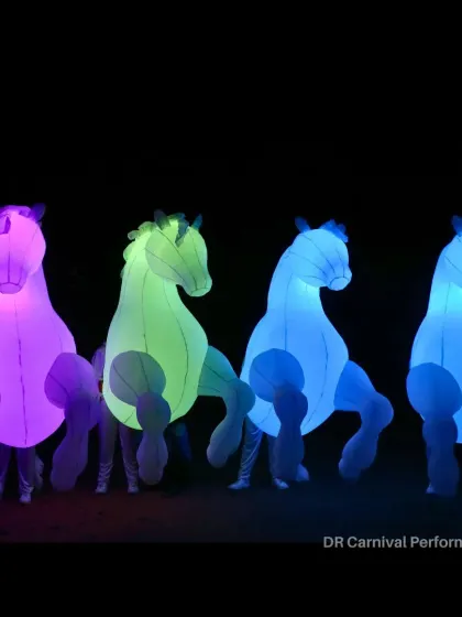 Grace, power, and a burst of LED brilliance. Our unique inflatable LED horse mascots light up the stage in a rainbow of colors.