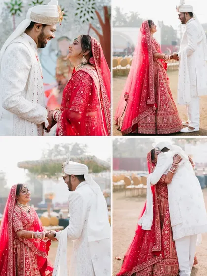 A collage of the couple's first look, capturing their emotional reactions, smiles, and a warm embrace in their wedding attire.