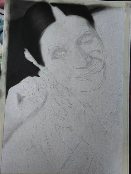 An early stage of the bride portrait, where I am establishing the dark background and the initial shading on her hair to create a strong contrast.