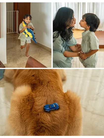 A collage of pure childhood joy. Sumer runs with his toy dinosaur, shares a sweet kiss with his mom, and even uses his furry friend Ziggy as a parking spot for his toy car. It's these quirky, everyday moments that tell the real story.