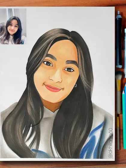A lovely A3 colored pencil portrait with a simple background. The drawing captures her pleasant expression and the soft texture of her hair.