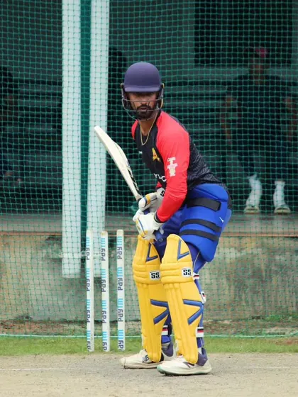 Aditya Mani in his full batting gear during a practice session for the Shimoga Lions at the Maharaja Trophy. We ensure our players' techniques are ready for the highest levels of competition.
