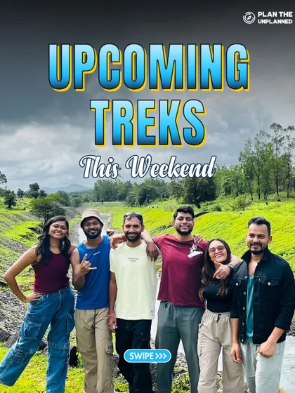 An "Upcoming Treks" poster featuring a group of friends enjoying the lush green scenery.