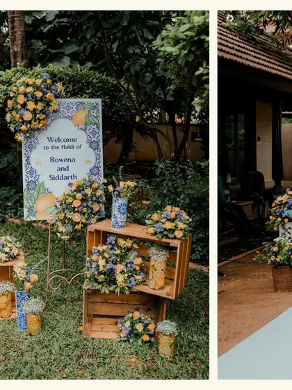 A collage showing the welcome sign and other decor elements from the Mediterranean-themed Haldi. The blue and yellow color palette is consistent and beautiful throughout.