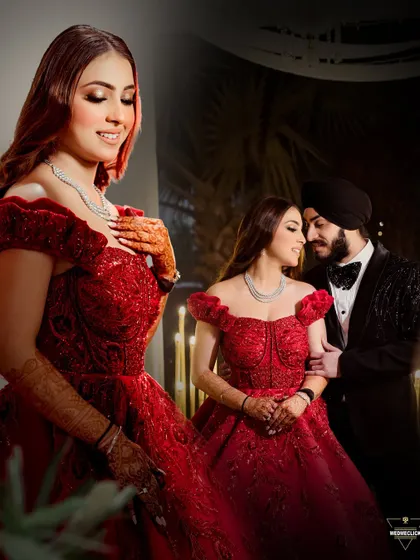 A composite image showing two perspectives from a glamorous engagement shoot. The bride's stunning red gown is the centerpiece, captured in both a solo portrait and a romantic moment with her partner.