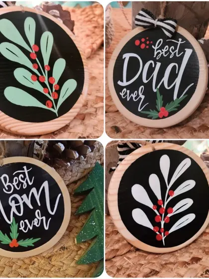 We create personalized ornaments for the whole family. This set celebrates the "Best Mom" and "Best Dad" with beautiful hand-lettering and festive details.
