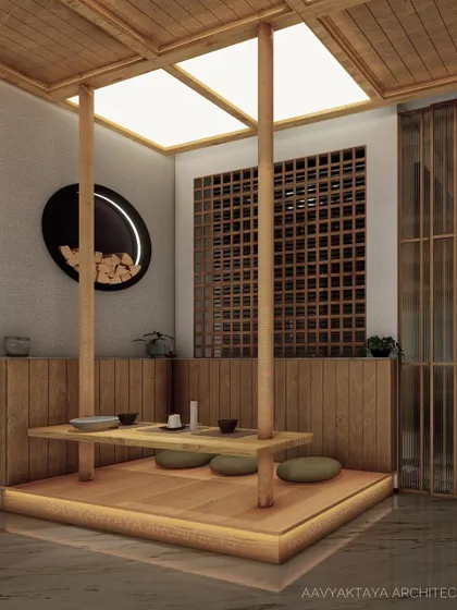 A concept for a Zen tea room, inspired by the philosophy of Tadao Ando. The design uses a suspended low table, floor cushions, and a slatted wooden screen to create a space for silence and reflection, letting sunlight and nature be the main characters.