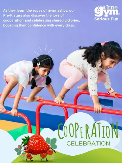From our "Cooperation Celebration" theme, these images show preschoolers working together on equipment. They learn the joy of teamwork while navigating bars and obstacle courses.