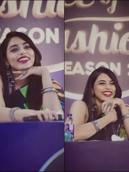 A collage of actress Sapthami Gowda at a press event, showcasing her expressive and cheerful personality. These candid portraits are a great example of my event photography style.