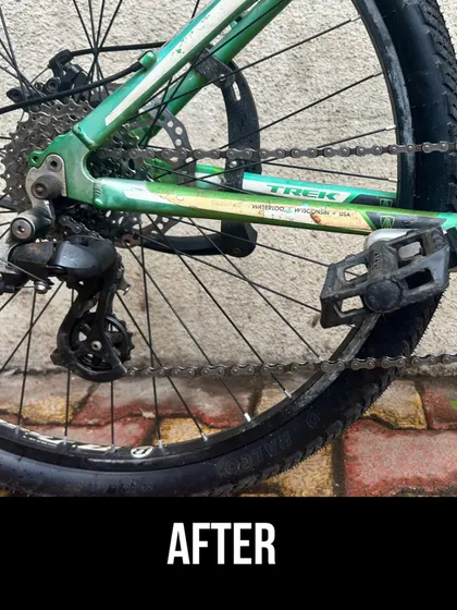 The restored drivetrain on the green Trek, showing a clean chain and chainrings. This level of detail is standard in our full service package.