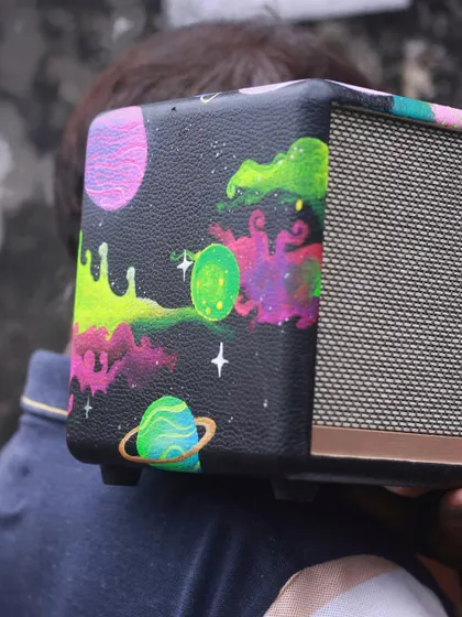 The custom Marshall speaker out in the wild. It's ready to bring the vibes and the music.