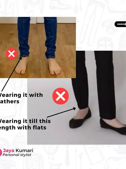 This image shows what to avoid: wearing trousers with gathers at the bottom or having them be too long when wearing flats.