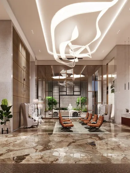 The lobby of our redevelopment project in Malabar Hill, imagined as an 'Urban Forest'. The space features a symphony of cascading greenery juxtaposed with abstract architectural forms, creating a majestic and serene escape from the urban rush.