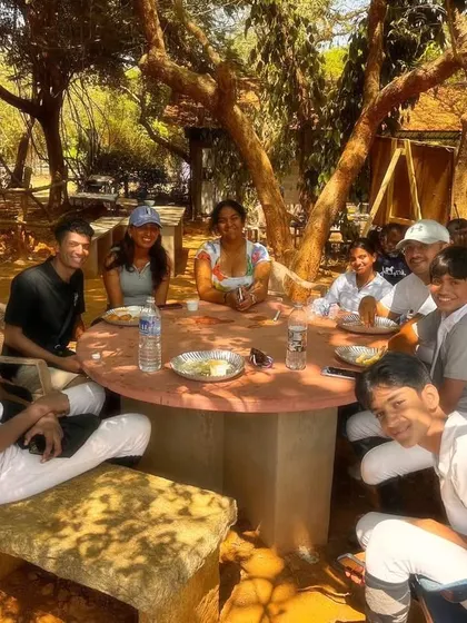 Our team enjoying a well deserved meal together at the Auroville Horse Show. Competitions are also about building friendships and making memories.