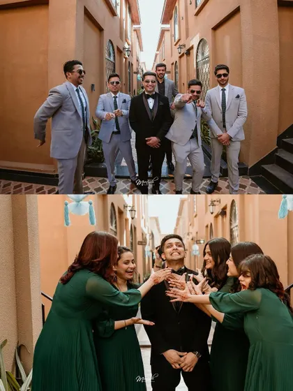 A collage showing the groom having fun with both his groomsmen and the bridesmaids, capturing the playful energy of the wedding party.