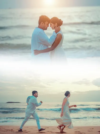 An artistic, multi-layered pre-wedding photo collage of a couple on the beach, blending intimate close-ups with scenic shots.