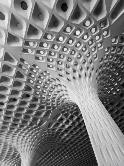 The stunning, futuristic ceiling of the Mumbai airport is transformed into an abstract pattern of light and shadow. The monochrome treatment highlights its complex geometry and flowing lines.