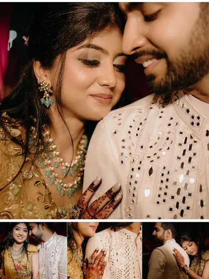 A collage of close-up, intimate portraits that highlight the couple's emotional connection and the beautiful details of their attire.