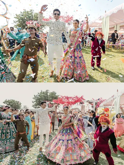 A collage capturing the energy of the couple's carnival-themed entry, full of confetti and performers.