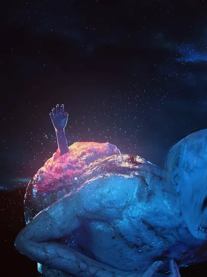 A close-up of the "Run" creature, focusing on the glowing malignancy and the hand emerging from it. This detail adds another layer of body horror to the character design.