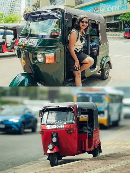 The iconic tuk-tuks of Sri Lanka. The top photo shows me hopping into one, while the bottom photo is a classic street shot of a red tuk-tuk in motion.