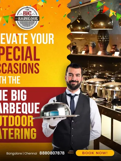 From our kitchen to your special occasion, we bring the celebration. This image shows our professional service staff ready to serve at your event, against the backdrop of a fully stocked buffet.