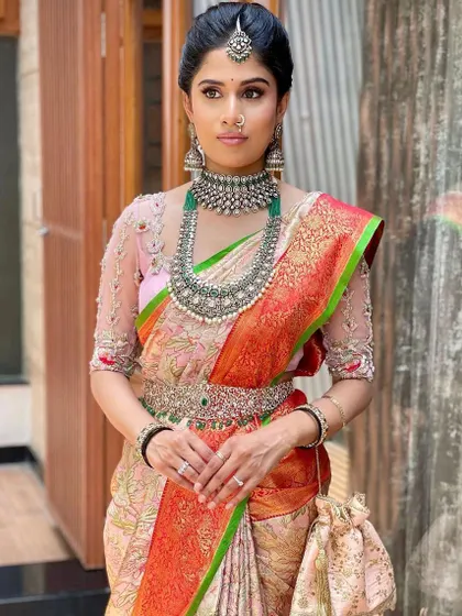 A poised portrait that captures the regal elegance of this traditional look.